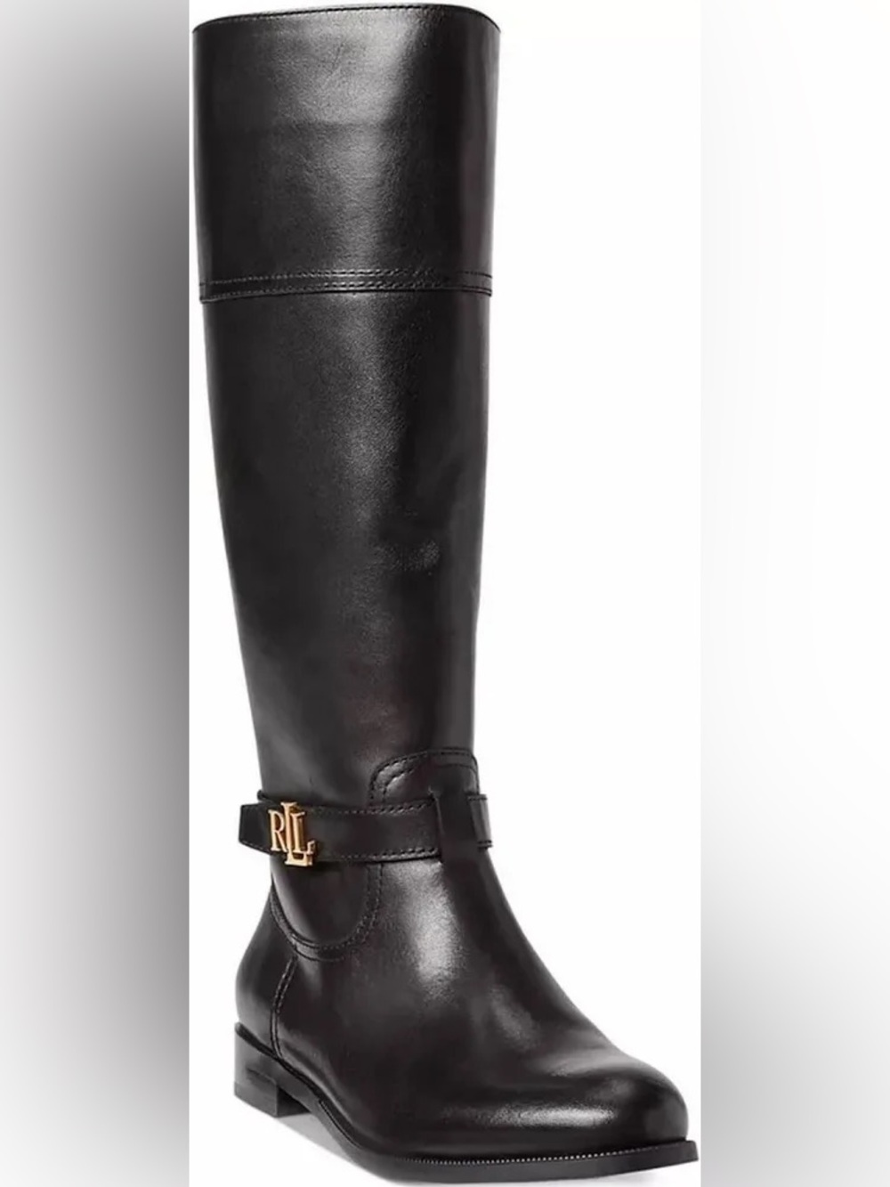 Ralph Lauren Black Leather Tall Riding Boots with Gold RL Accent